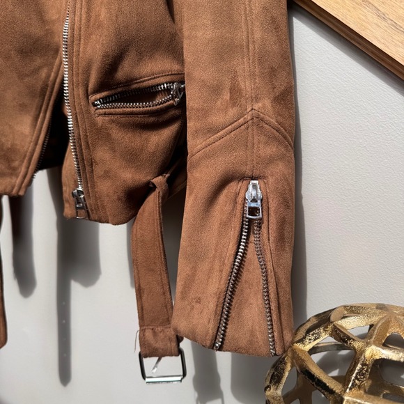 Zara Chocolate Brown Mocha Faux Suede Moto Biker Jacket XS Belted Y2K Boho - Picture 4 of 7